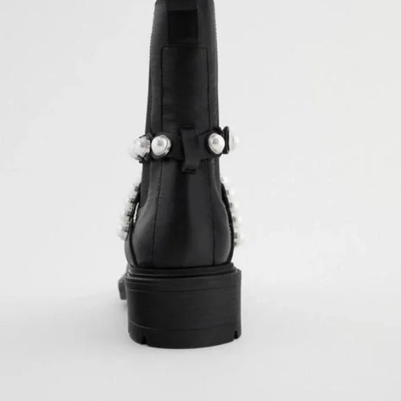 NWT RARE Luxury Winter Minimalist Zara Pearl Strap Genuine Leather Ankle Boots - Picture 7 of 17